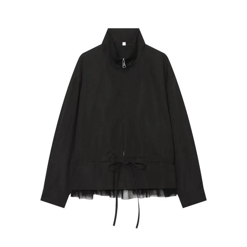 Women Mesh Spliced Hem Casual Jacket Stand Collar Full Zip Drawstring Waist Long Sleeve Loose Fit Street Style Outer Coat Autumn