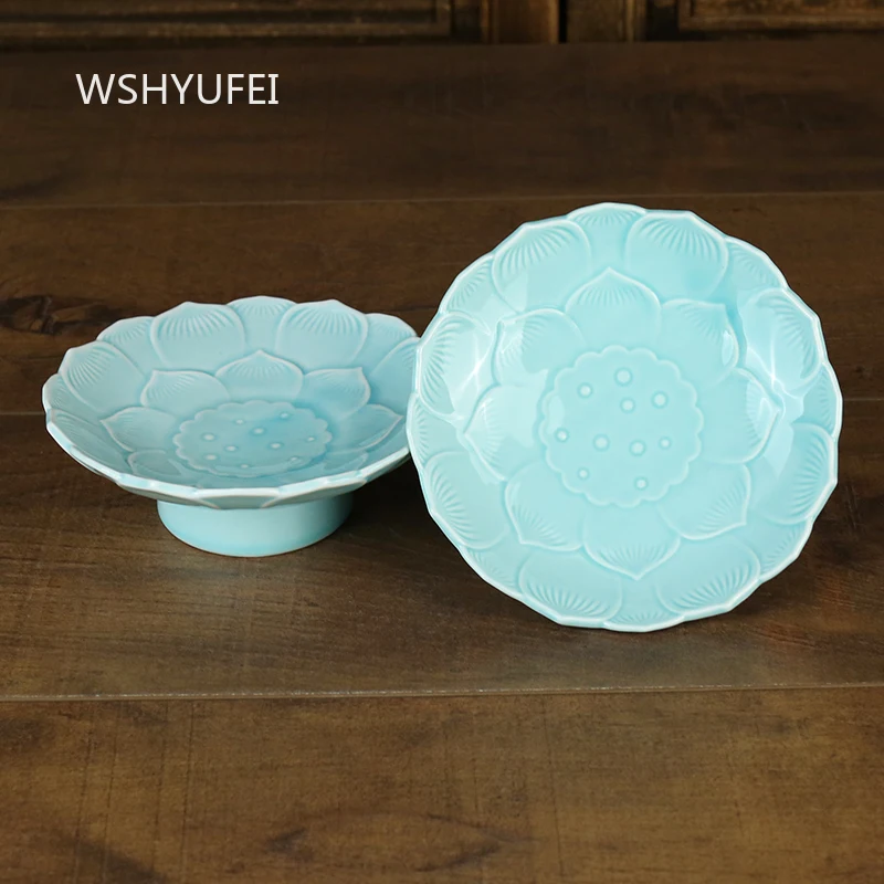 Celadon lotus flower supply plate Longquan Plate The Buddhist temple enshrines ceramic high footed plates Green Tribute Plate