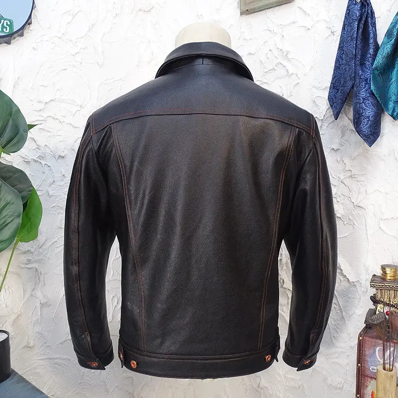 Men's Black Top-Grain Cowhide Storm Rider Leather Short Jacket Contrast Stitch Denim Style Factory Direct Sales plus size 5XL