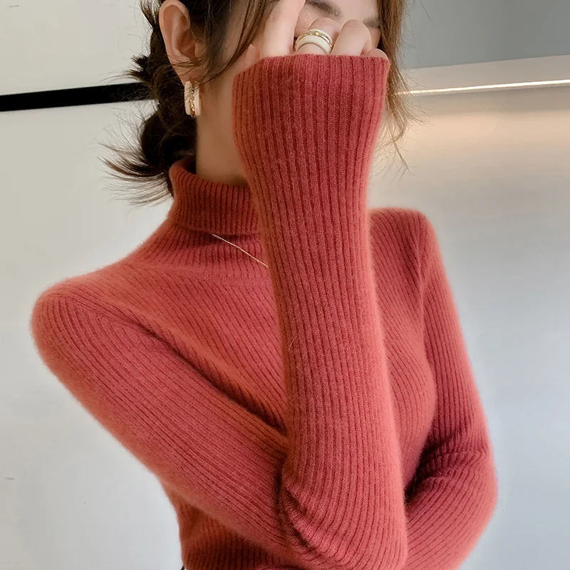 100% cashmere sweater women\'s knitted pullover sweater high neck solid color slim fit soft cashmere basic women\'s sweater