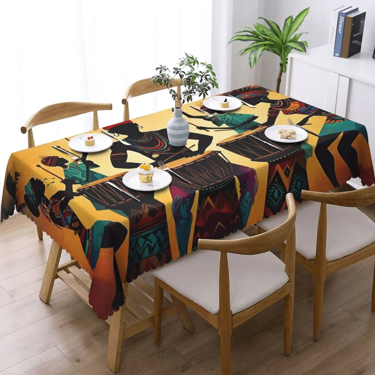 African Drum Performance Tribal Customized Rectangular Tablecloth Waterproof Table Cover for Dining Events Table Cloth