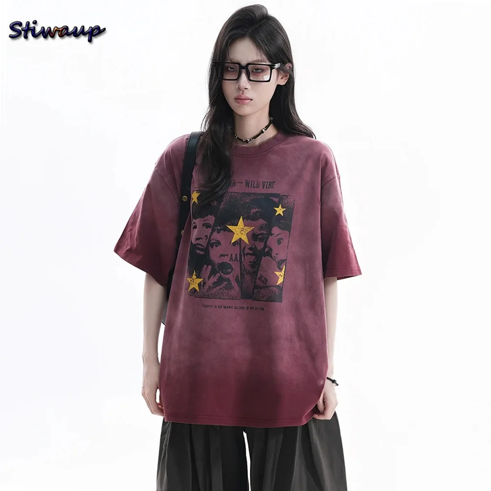Grafik-T-Shirts Übergroße Baumwoll-Y2k-Tops Vintage Distressed Porträt-Print Damen-T-Shirt Unisex Übergröße Kurzarm-Shirts