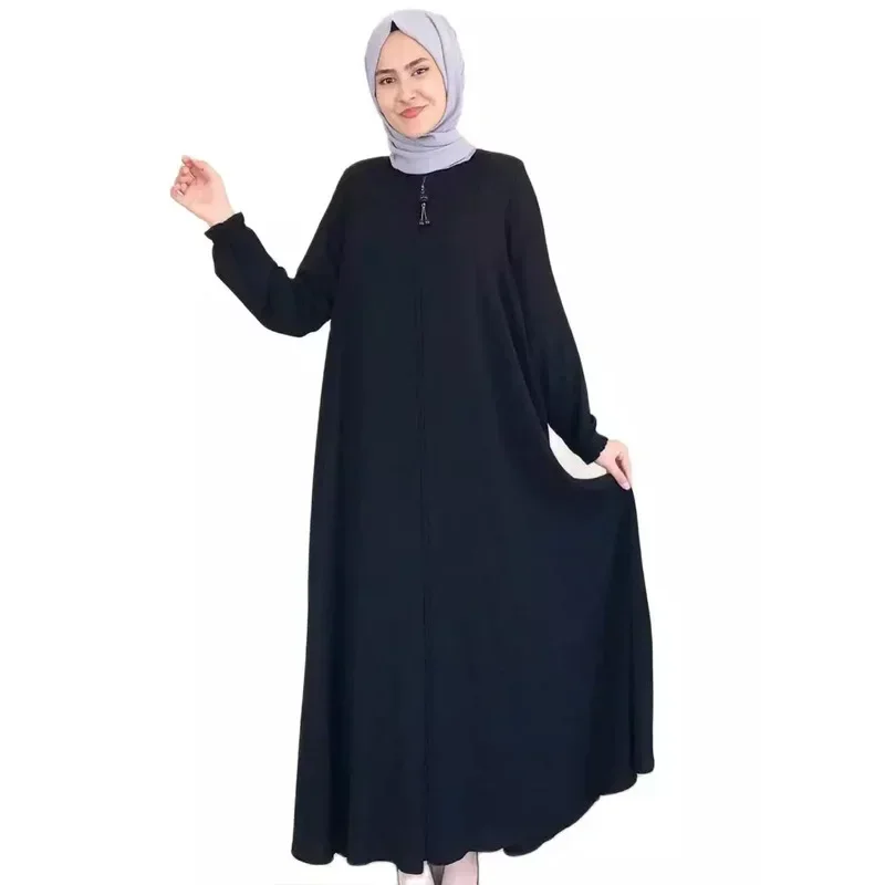 Gaun Kardigan Muslim Wanita Warna Solid Melayu Turki Dubai Ritsleting Jubah Abayas untuk Wanita Dubai Buka Abaya Pakaian Islami