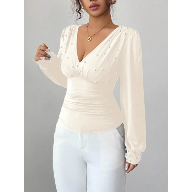A -Made Long-Sleeved Slim-Shirt Women Featuring a Design, Crafted with Pearls in Solid Colors,