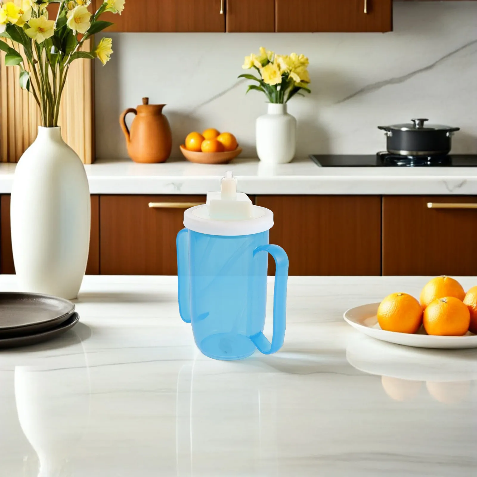 Handicap Cup for Elderly Adults with 2 Handles Straw Lid Non-Choke Design Spill-Proof Tumbler for Dysphagia Swallowing Disorder