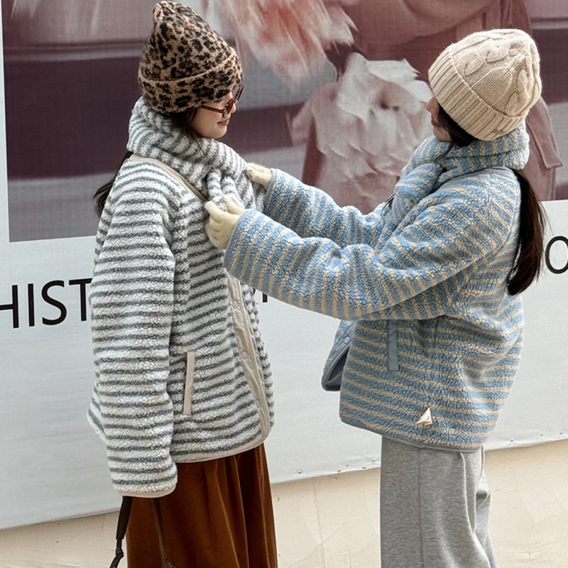 Y2K Korean Double-Sided Cotton-Padded Coats Women Chic Single Breasted Polar Fleece Jackets Stripe Contrast Color Winter Parkas