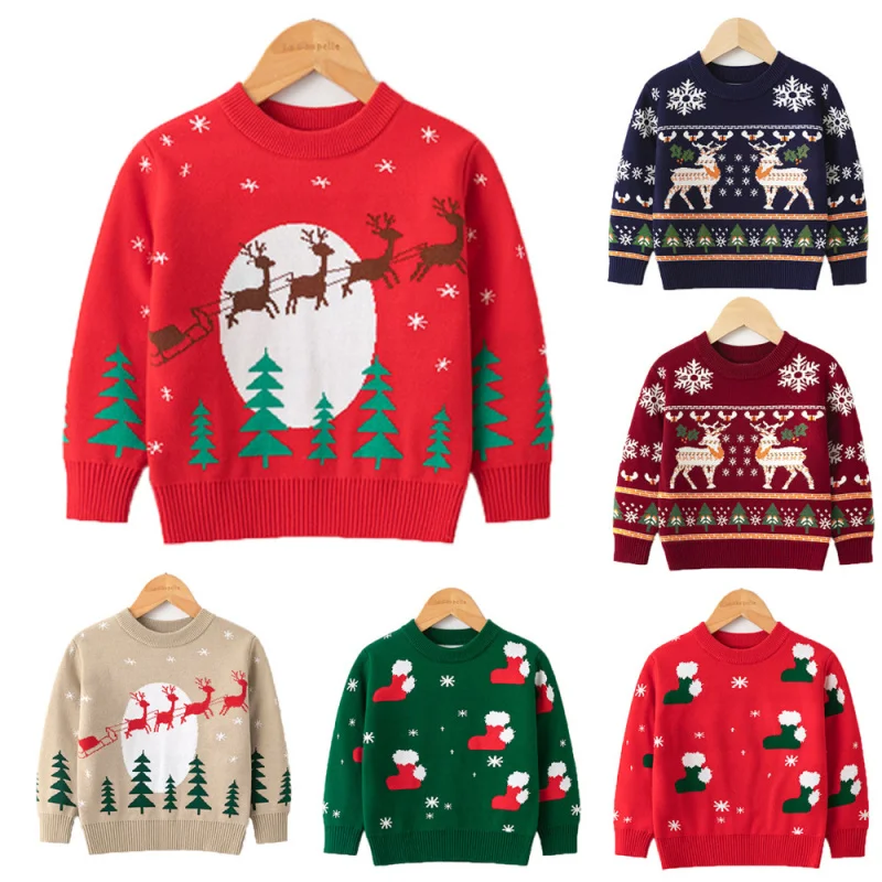 

Children's Christmas Elk Sweater for Boys and Girls Autumn Winter Tops Clothing Baby Kids Cartoon Wool Knitted Sweaters Pullover