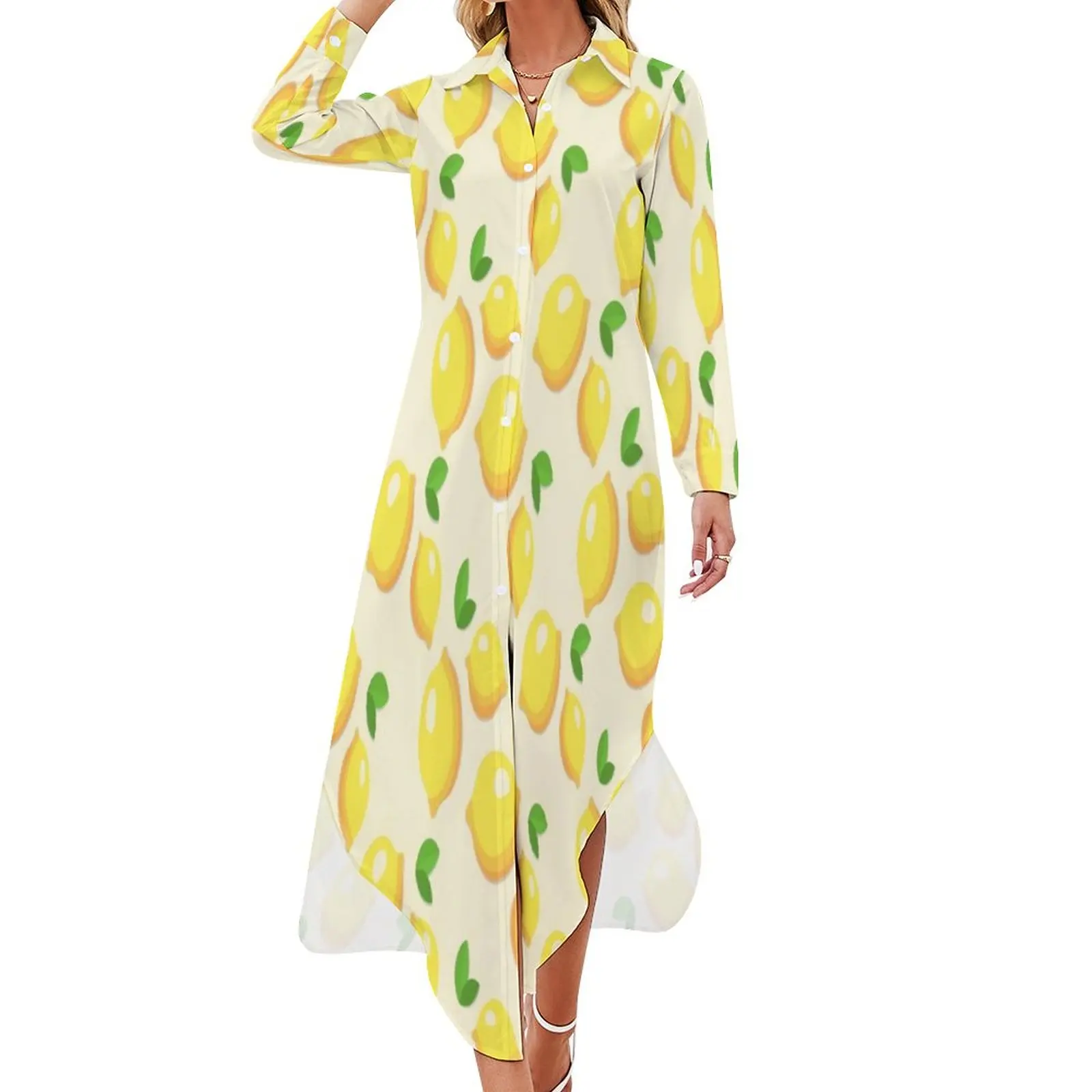 

Adorable Lemon Print Casual Dress Fruits Pattern Street Fashion Dresses Long Sleeve Kawaii V Neck Graphic Oversize Chiffon Dress