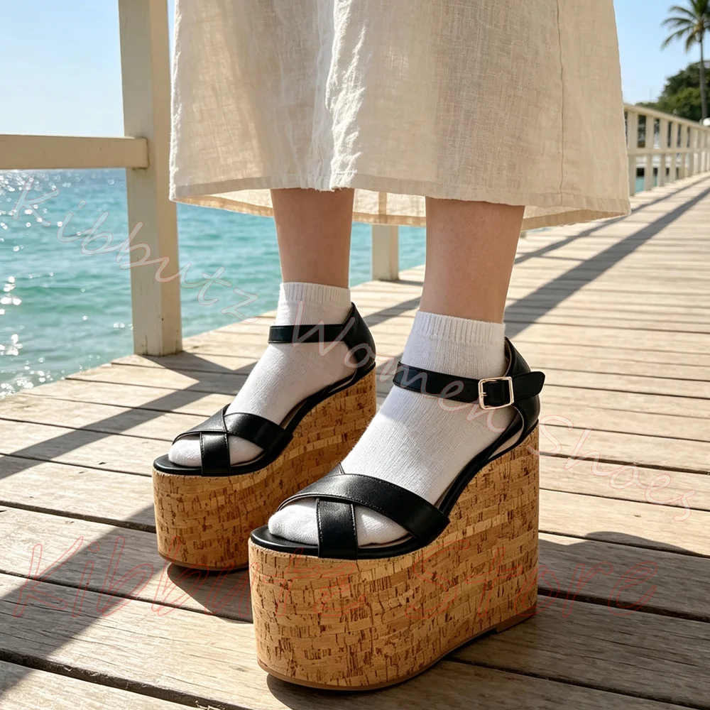 Patchwork Sandals Platform Round Toe Height Increasing Cross Strap Leather Fashion Novelty Sexy Elegant Concise Women Shoes New