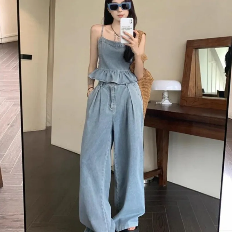 Top e calça feminina com suspensão de orelha, jeans vintage sem mangas de cintura alta, calças de perna larga para viagem, conjunto de 2 peças, verão, 2024