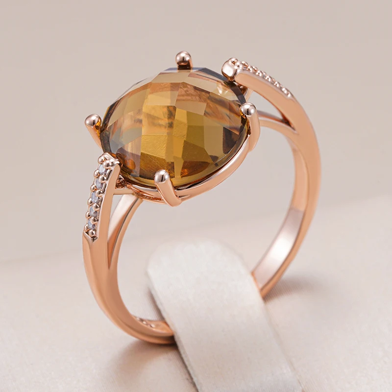 Kinel Fashion Round Light Brown Natural Zircon Bride Ring for Women Simple 585 Rose Gold Color High Quality Daily Jewelry