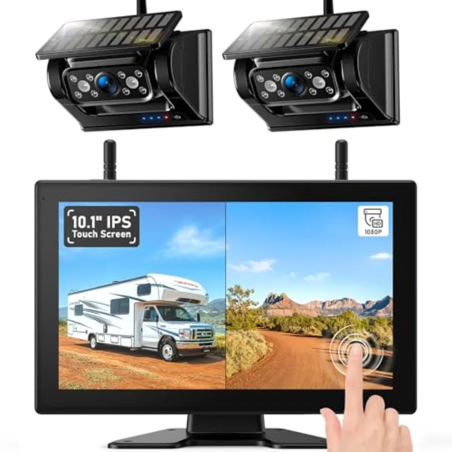 RV trailer truck camper wireless backup camera system with magnetic solar HD 1080P DVR, 10.1-inch touchscreen monitor, dual cam