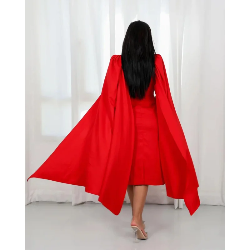 Indie Elegant Short Red Prom Dress Square Neck Women'S Mermaid customized Evening Gown Tea Length Saudi Special Occasion Dresses