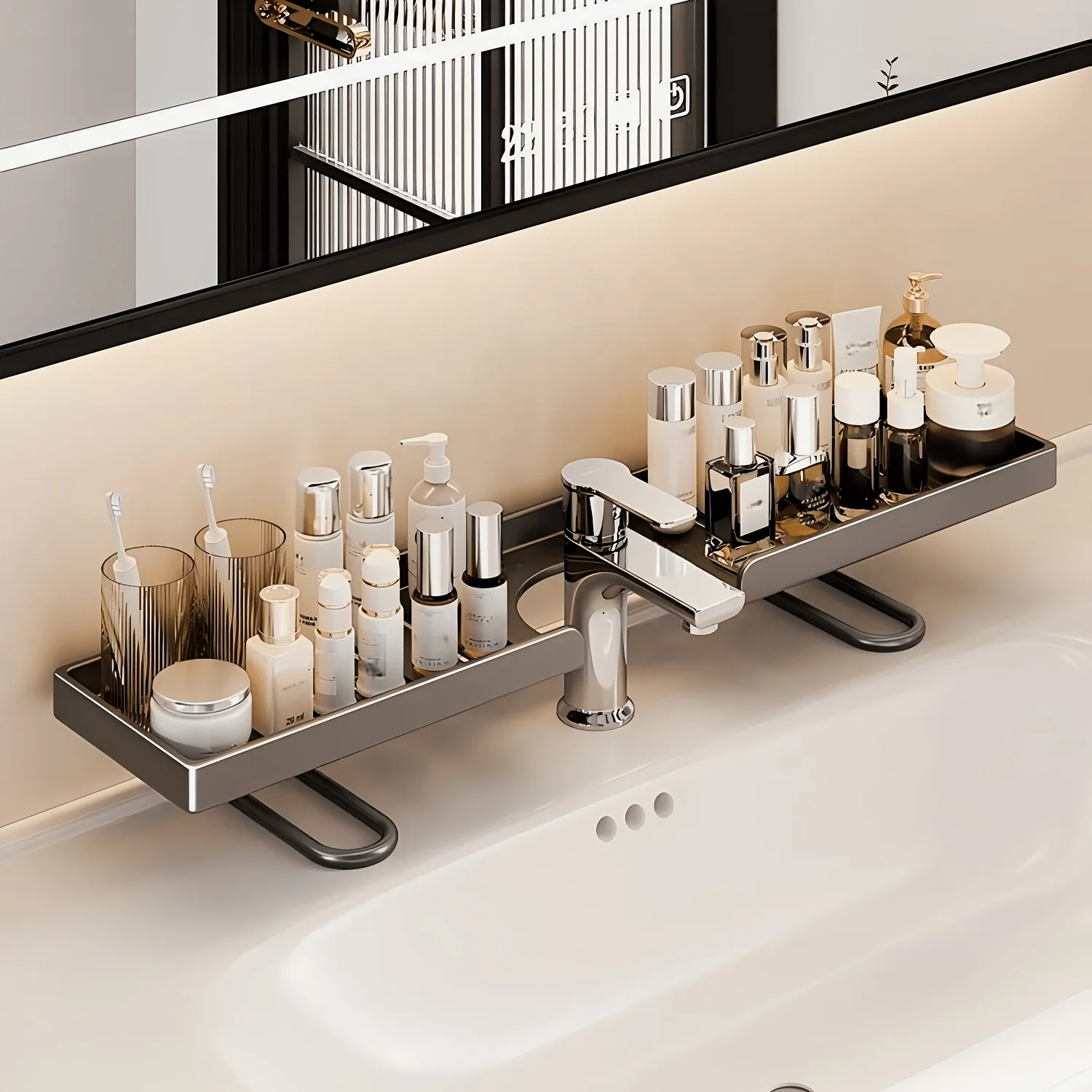 Carbon Steel Faucet Shelf – No Drilling, Wide Groove, Perfect for Bathroom & Kitchen Skincare Storage.