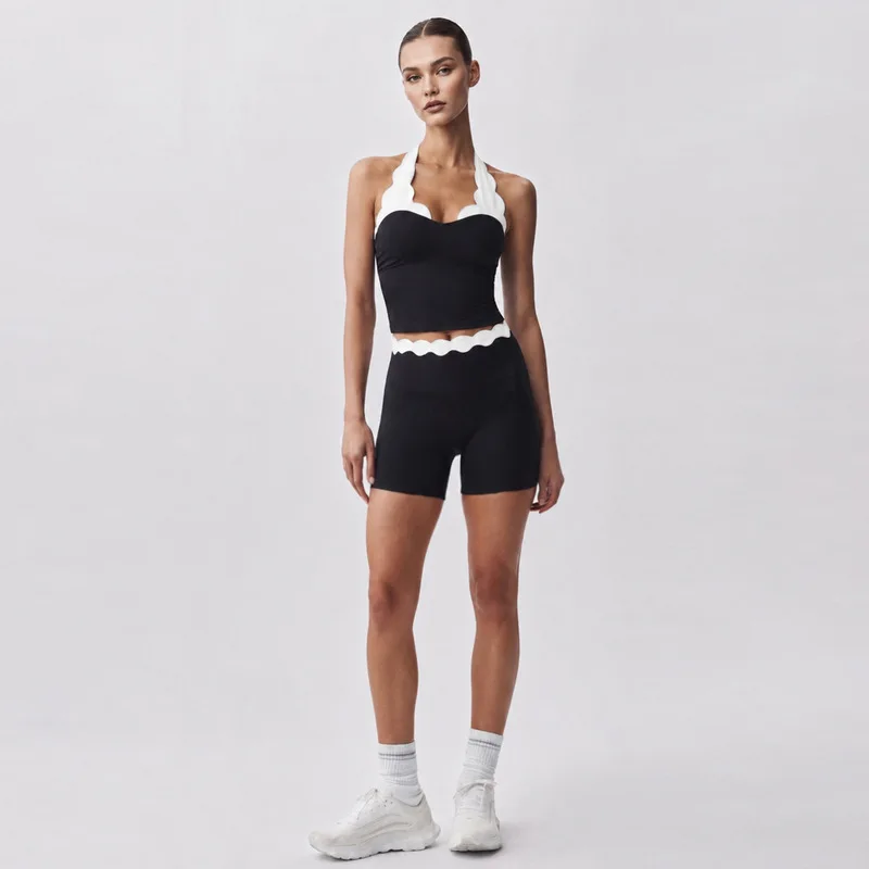 Women's Workout Clothes Color-Block Shell Lace Halter Neck Tank Top Tight-Fitting Sports Two-Piece Set Fitness Short Yoga Outfit