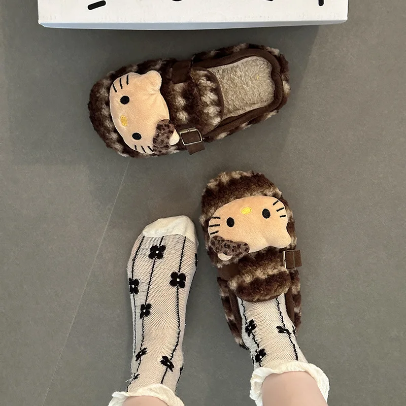 حار سانريو مرحبا كيتي فتاة Kawaii الصوف مبطن النعال طالب الخريف والشتاء موضة الكرتون في الهواء الطلق نعال من القطن جديد #5