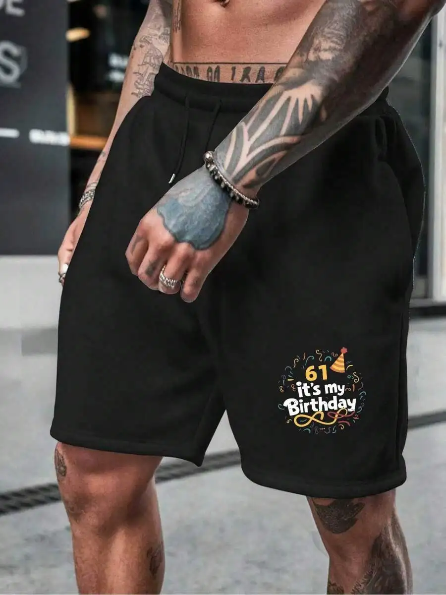 

Mens Casual Polyester Shorts With 61 Birthday Print For Summer Party Wear