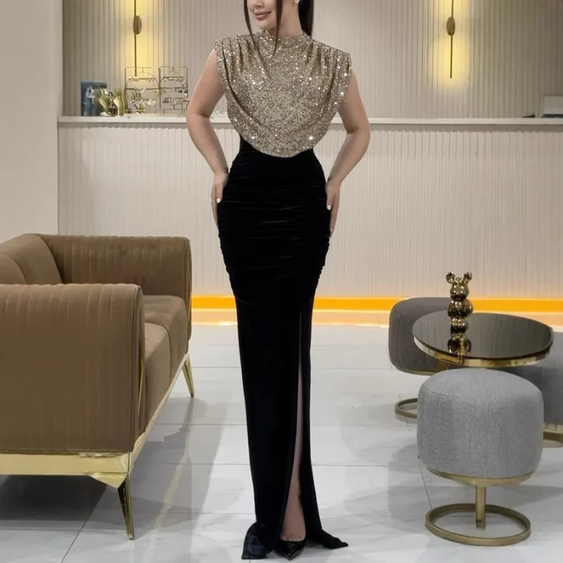 

2025 Elegant Women Corset Party Evening Dress Luxurious Sequins Sleeveless O Neck Slit Celebrity Guest Gala Floor Length Dress