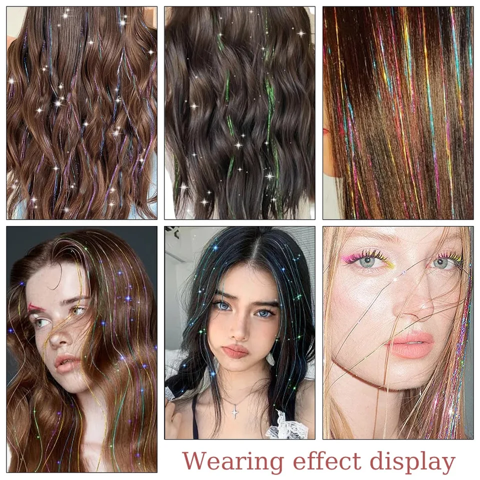 6 Piezas Tinsel para Cabello con Clip 20 Pulgadas Sintético Colorido Brillante con Purpurina para Mujeres Niñas Cosplay 6