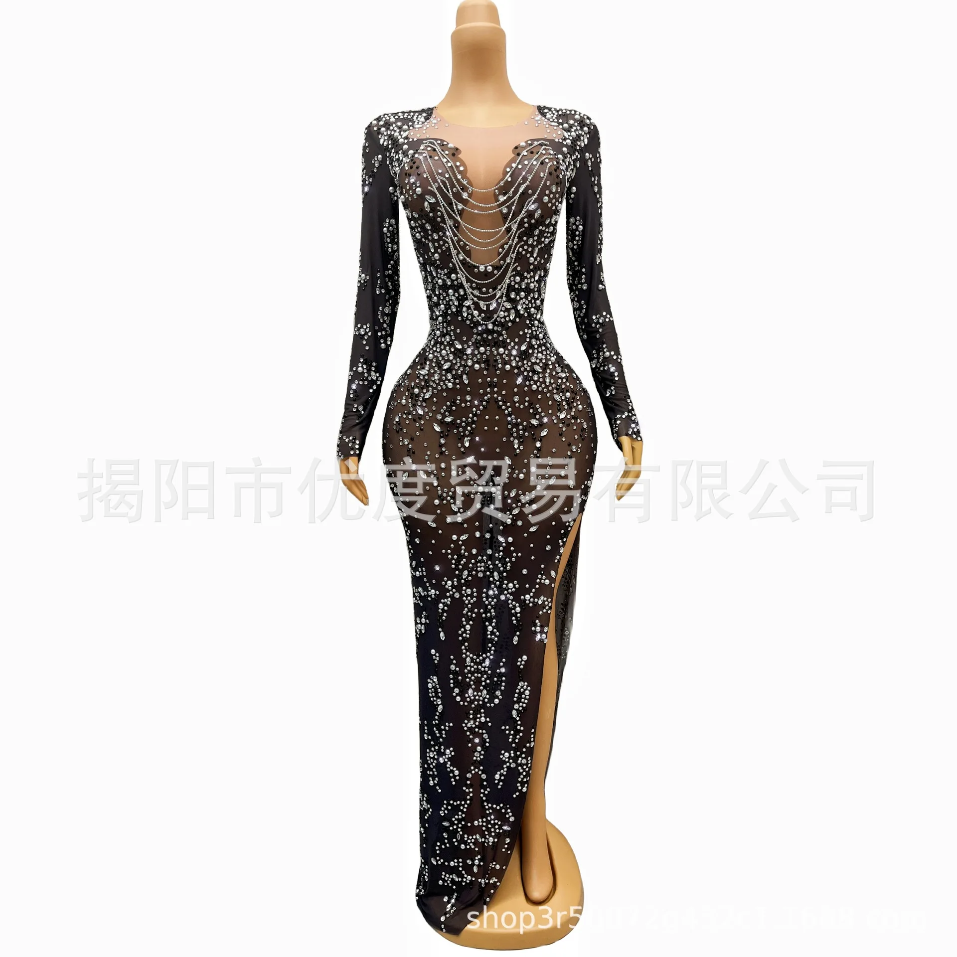 قسط الأسود منظور الجبهة سبليت شبكة الغزل لامعة حجر الراين أنيقة مأدبة ليلة الأداء اللباس Polygonum Multiflorum