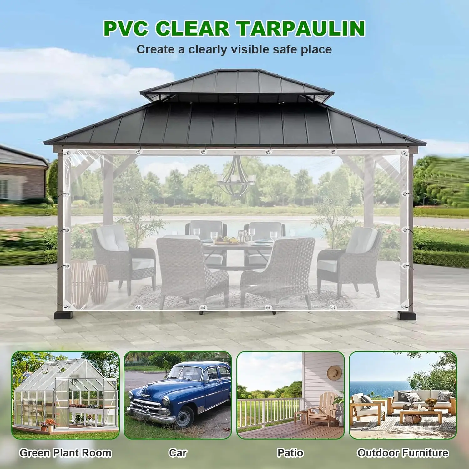 PVC Transparent Tarpaulin with Eyelet Reinforcement 420g/m² Waterproof Tarpaulin with Black Ball Ropes Weatherproof Tarpaulin for Greenhouses Garden
