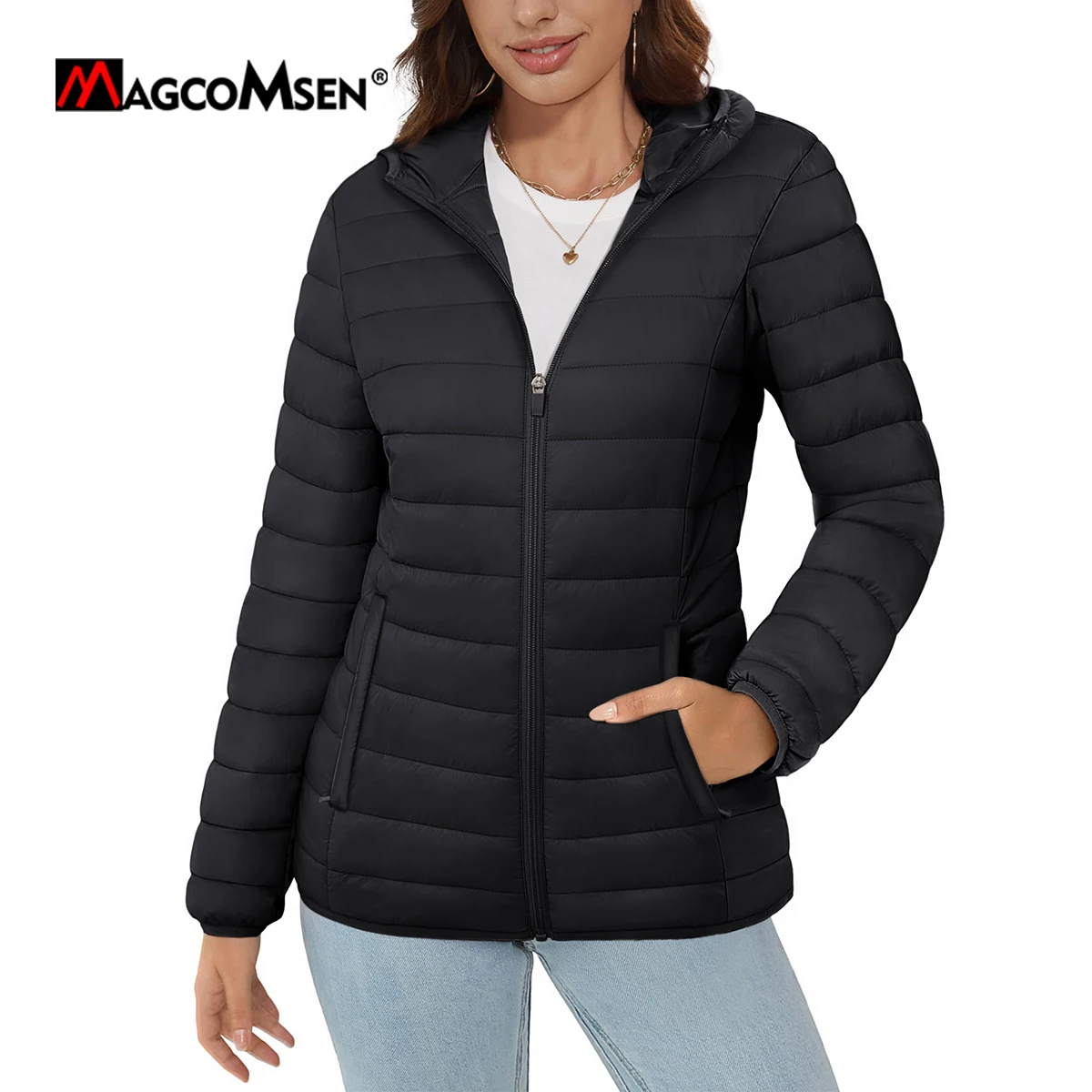 MAGCOMSEN Women\'s Hooded Waterproof Jacket Full-zip Lightweight Windbreaker Waterproof Coats Full Zip Winter Warm Puffer Jackets