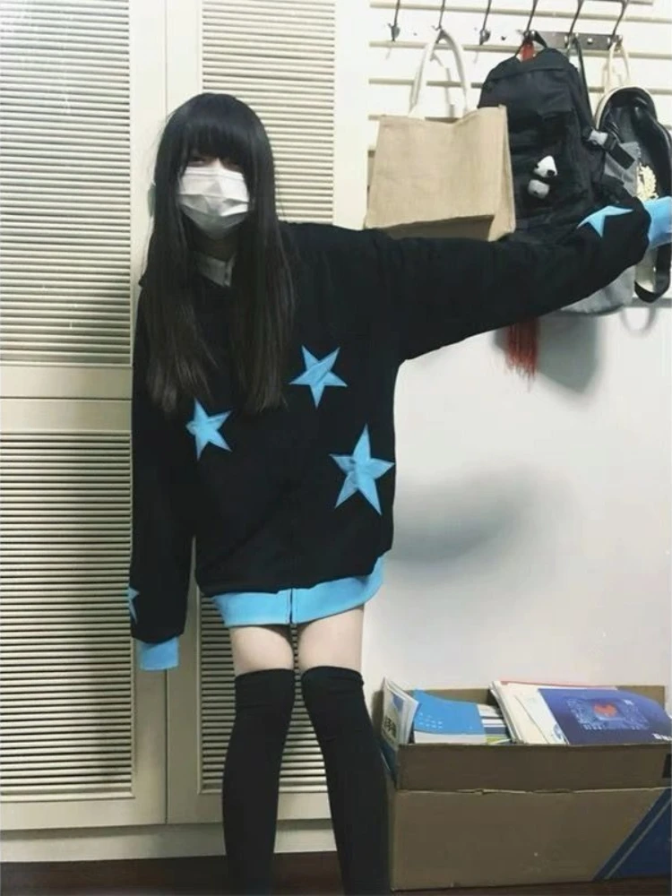 Américain Vintage Star Patch femmes Cardigan décontracté sweat automne hiver ample épais à capuche veste rétro mode 2025 nouveau