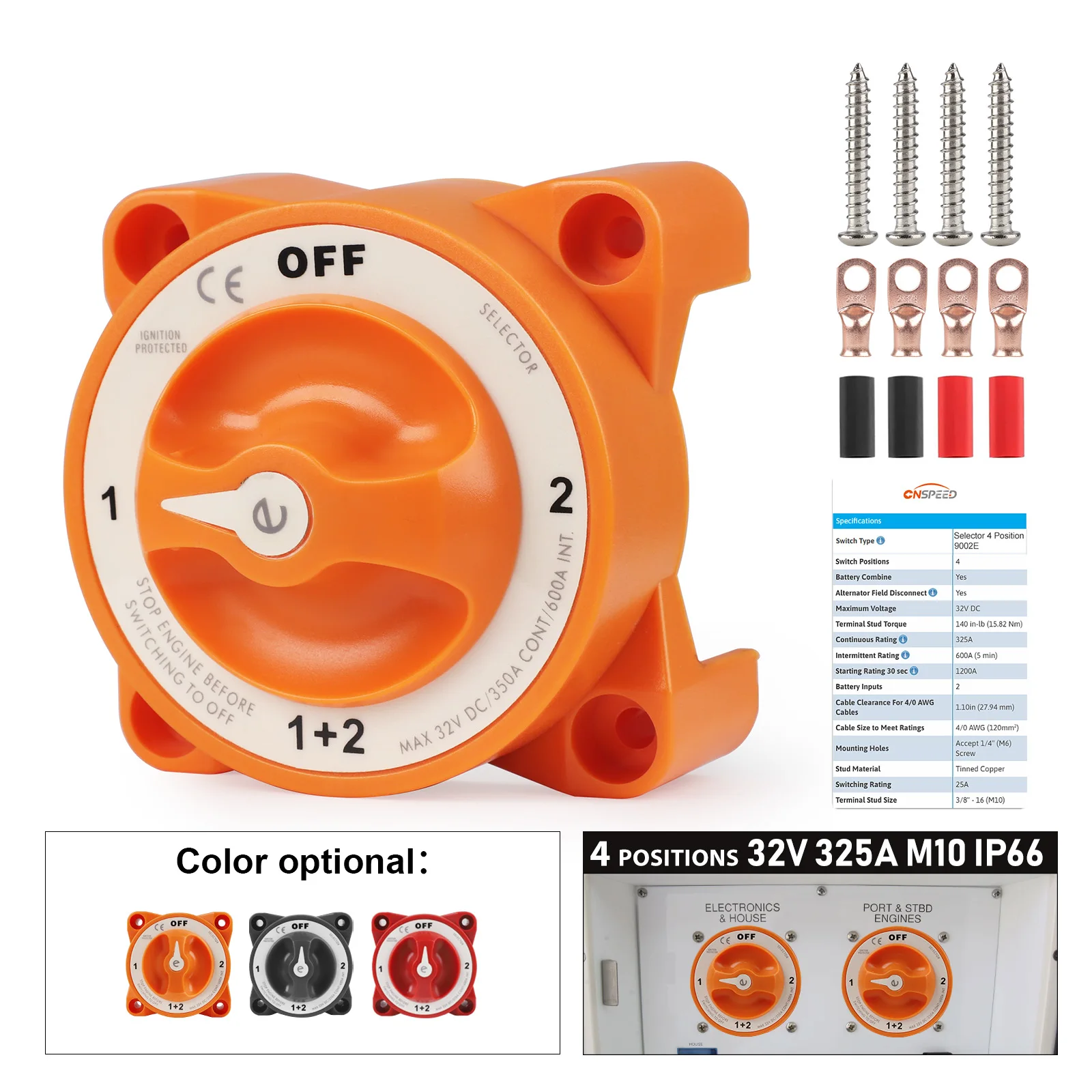 

For Marine Boat Truck Car Orange Red Black E-Series Selector 4 Position Battery Isolator Disconnect Switch with AFD 32V DC 325A