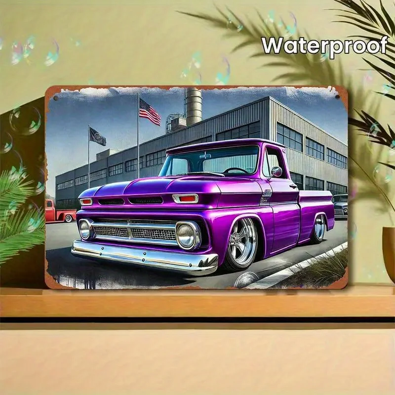 Vintage Purple Pickup Truck Metal Sign——Retro Industrial Wall Art Decoration, Durable Iron Metal Sign with American Flag and Classic Motifs