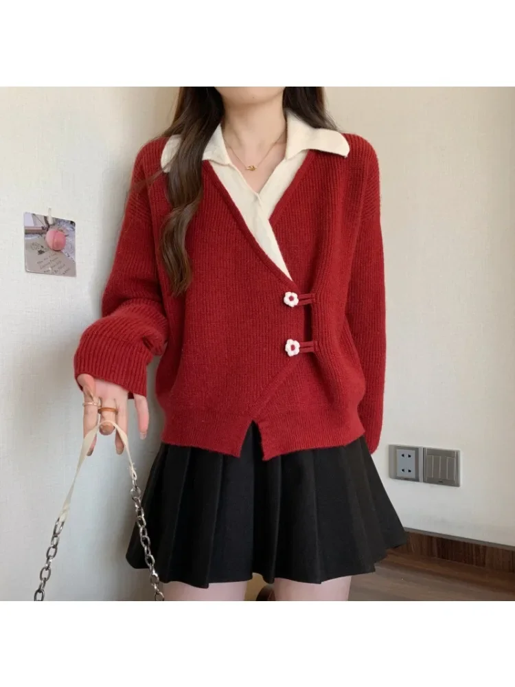 Stylish National Style 2024 Red Irregular Cardigan Sweater Coat Women\'s Plus Size Slimming Faux Two-piece Knitted Collarless Top