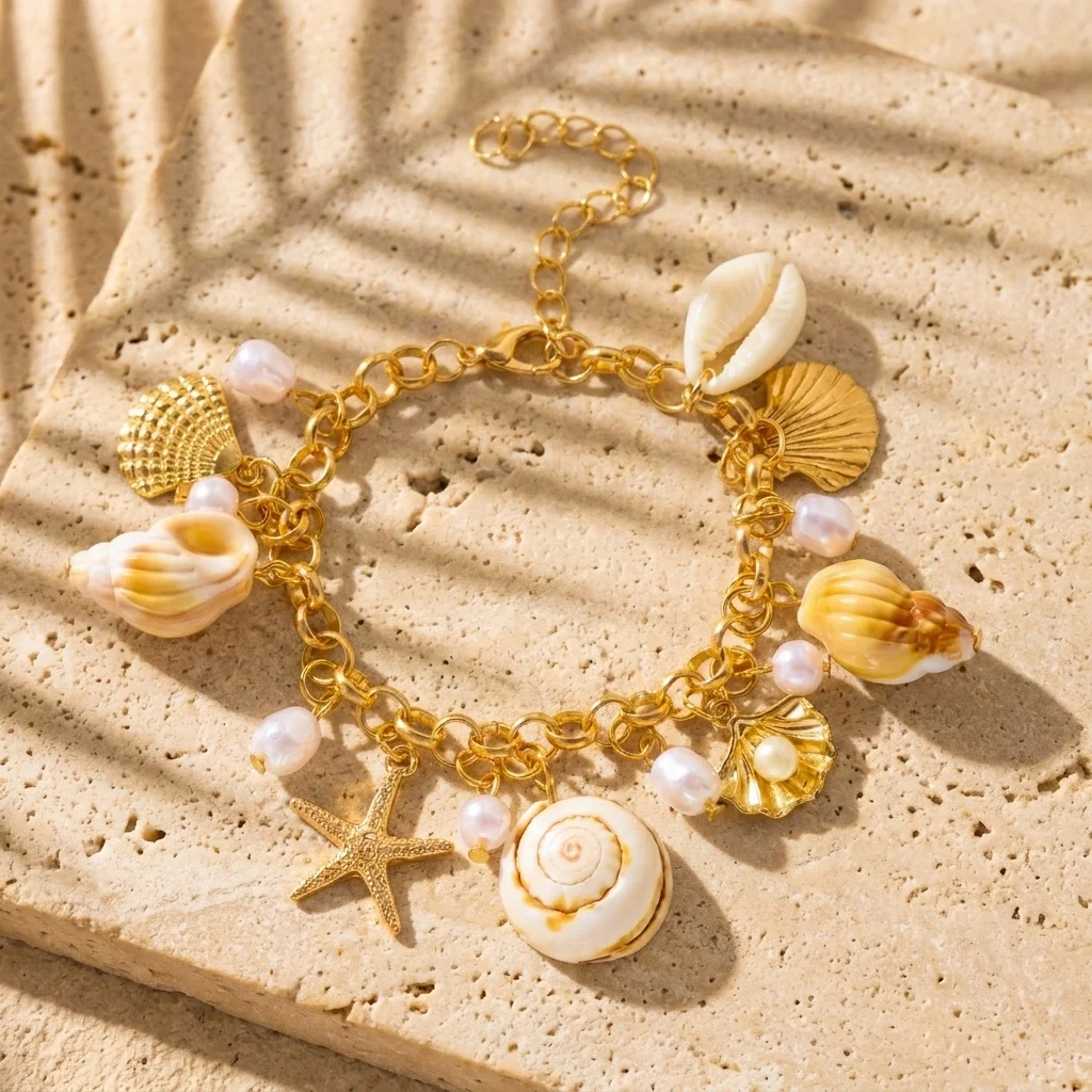 Boho Sommer Strand Perlen Muschel Charm Armband für Frauen Ozean-Stil Goldfarben Kette Quasten Armband Sommer Strand Schmuck – Detail 5