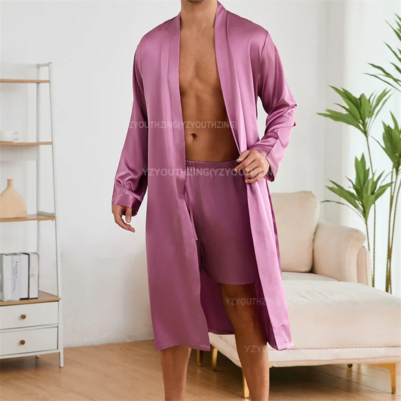 Solid Color Sleep Wear Set Men Silkly Satin Man Nightwear Loose Japanese Mens Pyjama Set Summer New Kimono Shorts Pajamas Suit