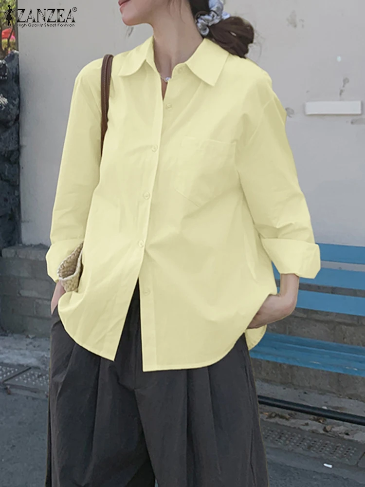 Zanzea outono moda camisas femininas sólida ol blusa de trabalho botões casuais blusas 2025 elegante lapela pescoço manga longa topos oversize