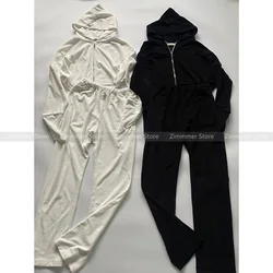 Women's niche fashion new drill decorated hooded zip long-sleeved sweater + high-waisted sports and leisure trousers suit