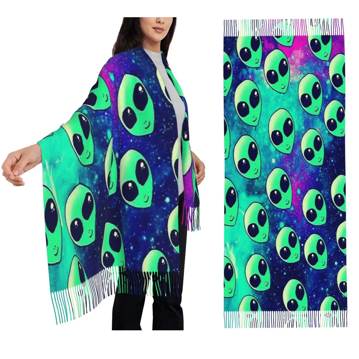 Funny Alien Pattern Scarf Tassel Scarves for Women Soft Warm Shawls and Wraps Long Fall Winter Shawl Wrap