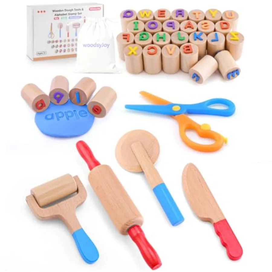 Wooden Dough Tools Kit for,Dough Accories with Rolling Pins, Pizza Cutter, Safety Scissors and 26 Letter Stamps, Educational Al