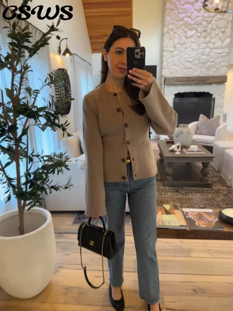 

Casual Knit Sweater Women All-matching Solid Single Breasted O-neck Pockets Long Sleeve Sweaters 2025 Autumn Fashion Lady Coat