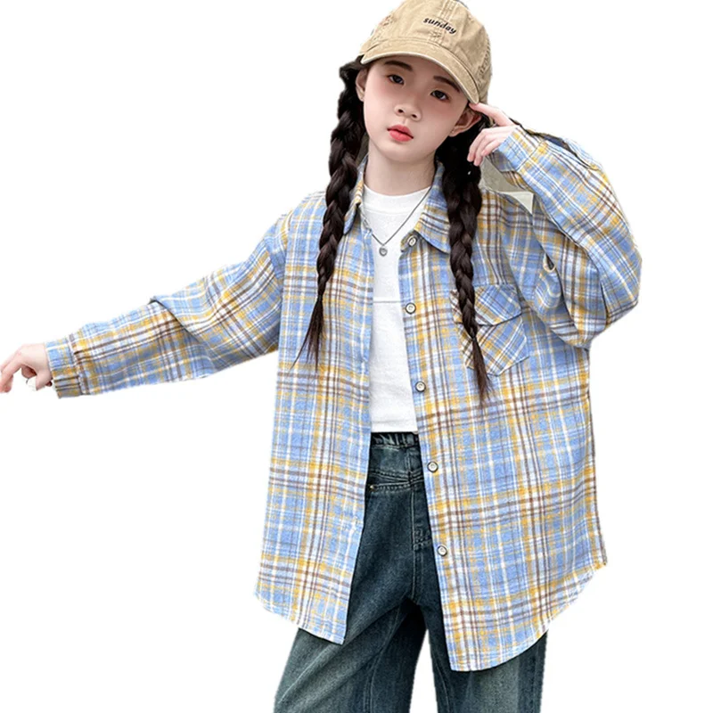 

School Girl Fashion Spring Clothing Child Blue Plaid Shirt for Girls Long Sleeve Asymmetrical Blouse For Teenage Kids 5-14 Years