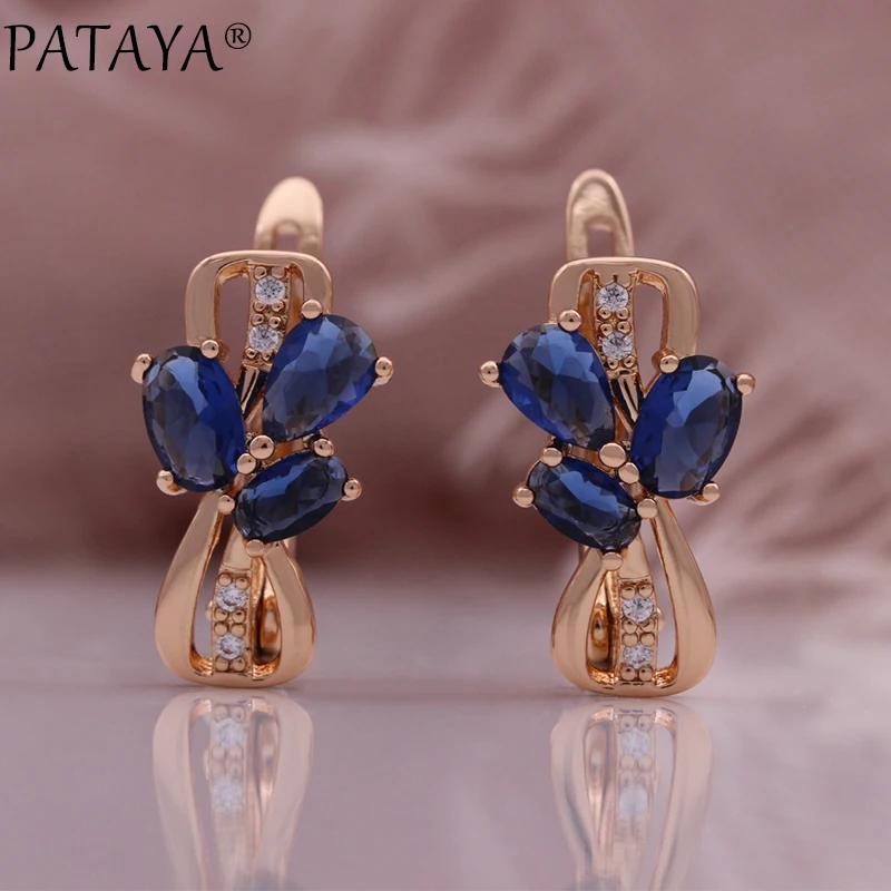 PATAYA New Blue Natural Zircon Earrings for Women 585 Rose Gold Color Leaf Earrings Trendy 2024 Romantic Vintage Wedding Jewelry