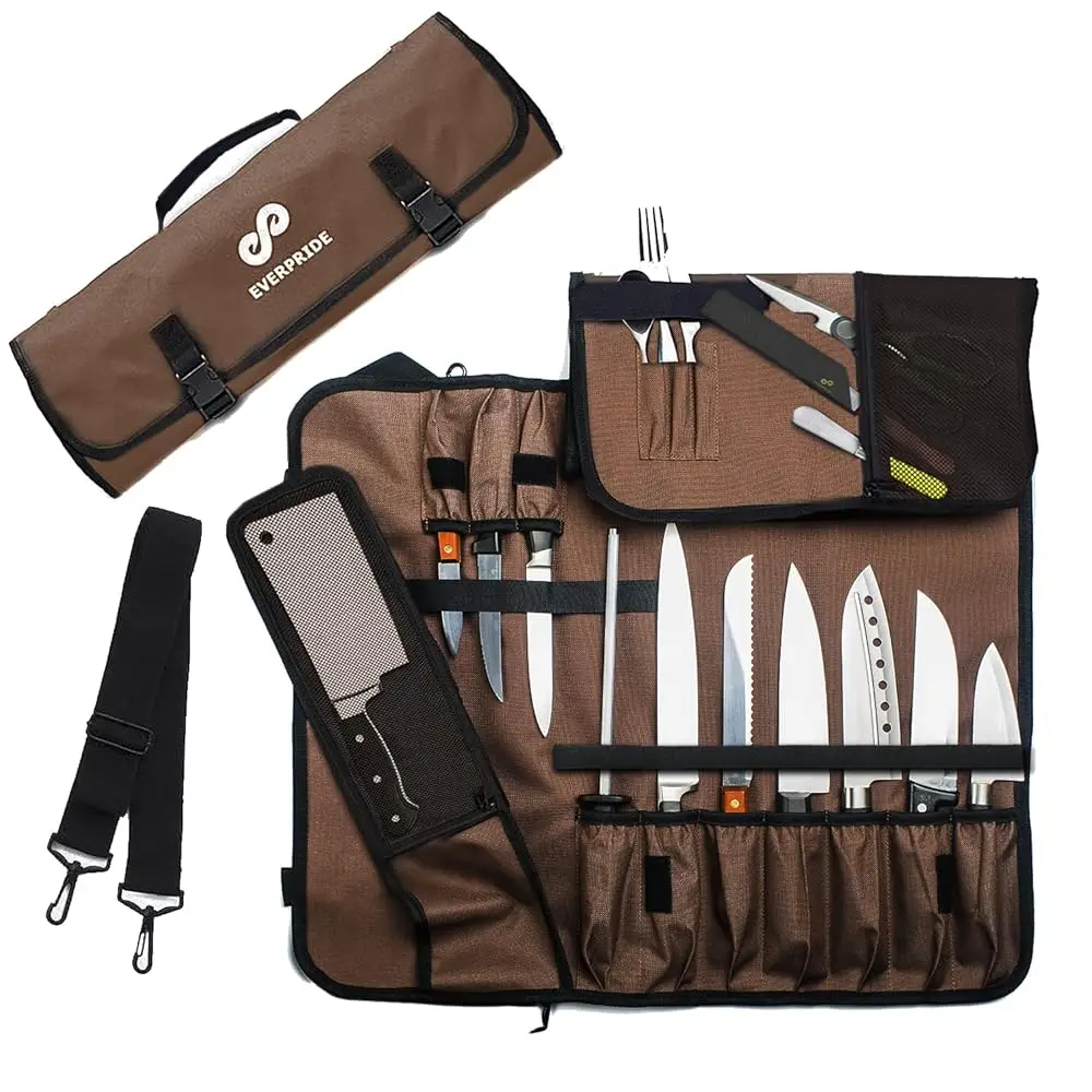 

Chef Knife Roll Bag Holds 10 Knives – Contains 2 Large Zippered Pockets For Meat Cleavers And Cooking Tools – Durable Knife