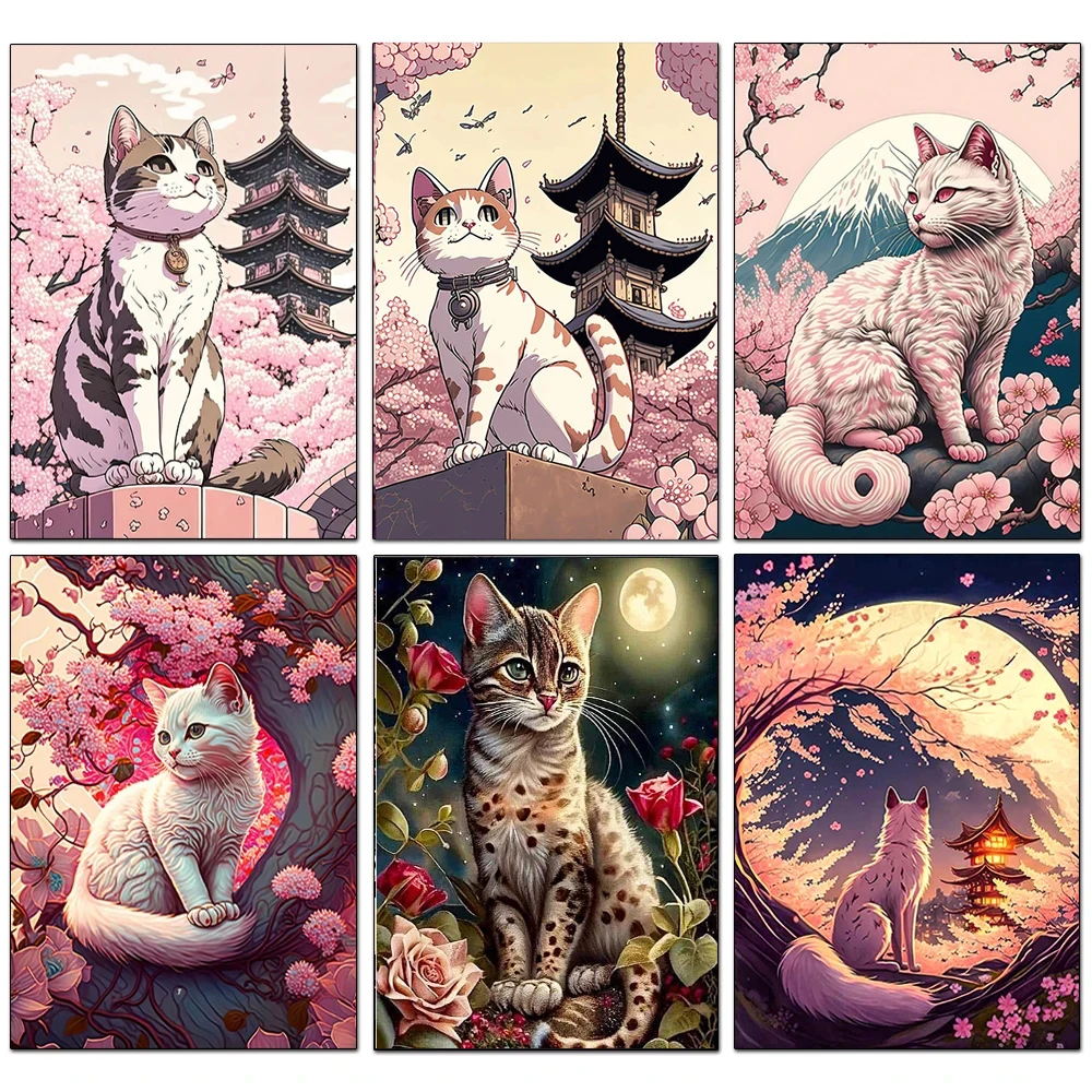 Animal DIY Diamond Painting New Collection 2024 Japanese Cherry Cat Picture Full Drill Mosaic Embroidery Cross Stitch Home Decor