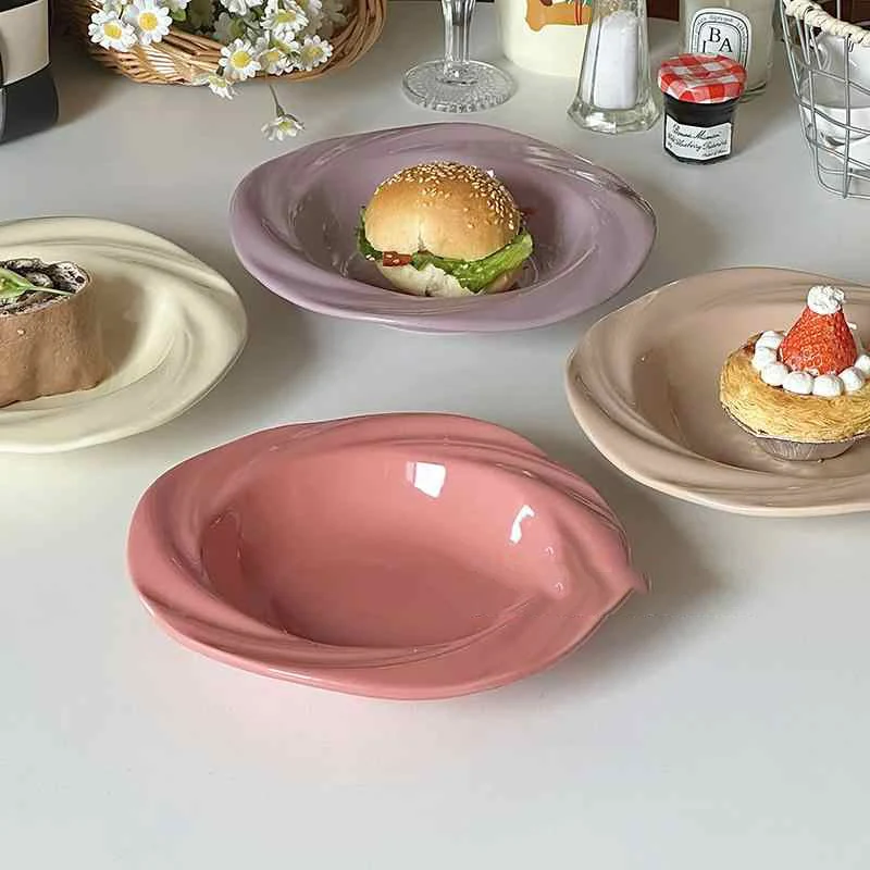 家庭用セラミック朝食トレイ、パスタ料理、シンプルなケーキ、麦わら帽子プレート、無地、20cm