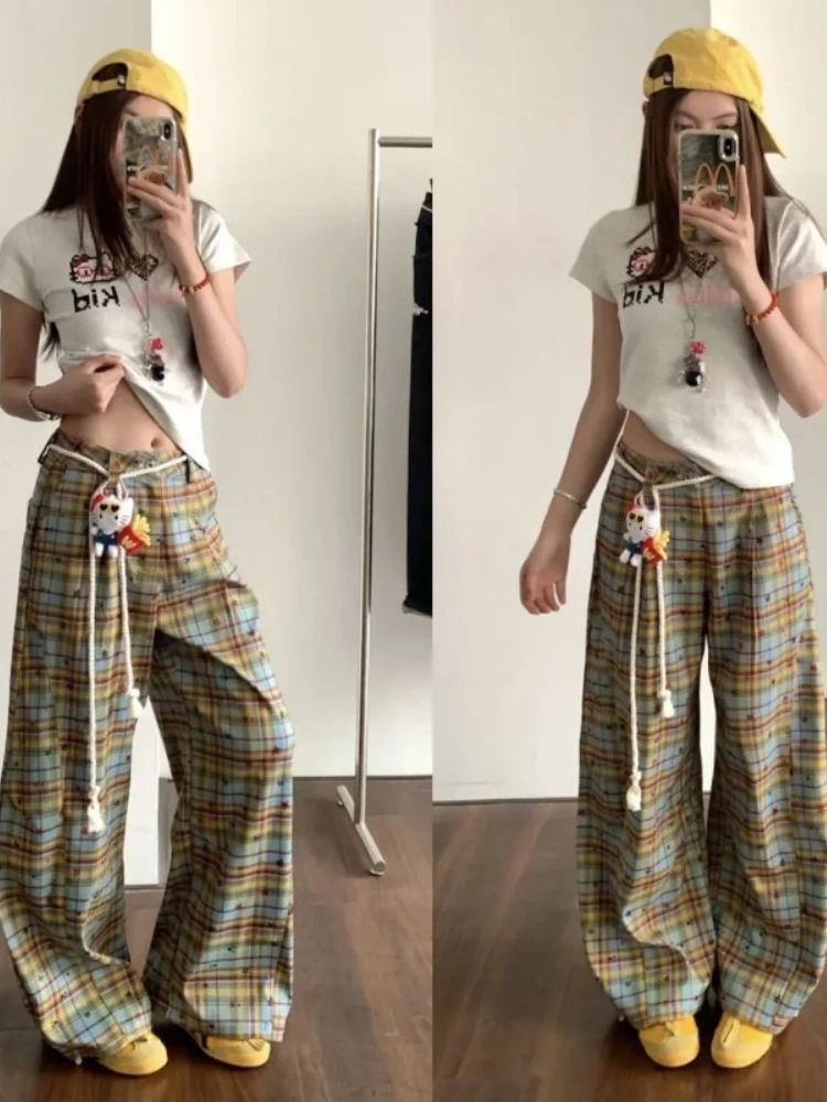 

HOUZHOU Vintage Plaid Patchwork Women Pants Wide Leg High Waist American Style Baggy Trousers Y2K Harajuku Streetwear Summer New