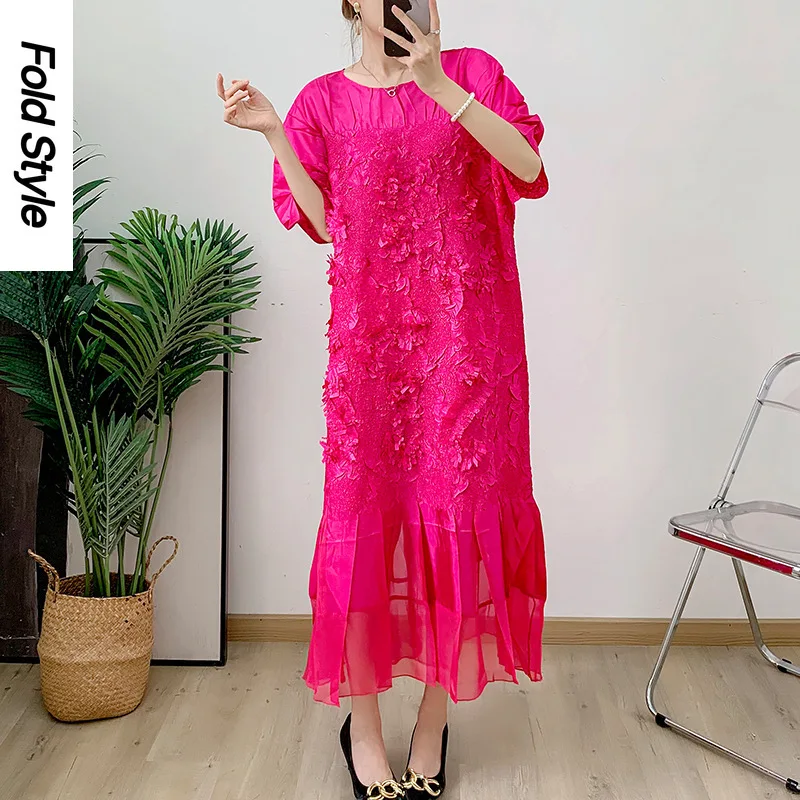 Pleated Women Dresses Round Collar Niche Design Half Sleeve A Line Solid Color Loose Casual New 2024 Clothing