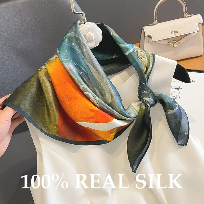 

New Oil Painting 100% Natural Real Silk Scarf Women Hairband Shawl Neckerchief Female Headband Bandana Square Scarves Wrap Hijab