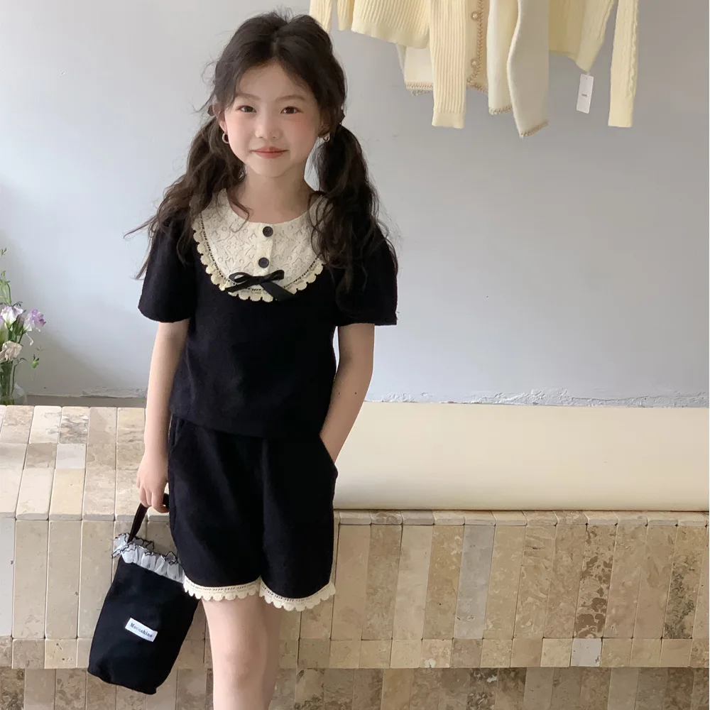 

Korean Children's Clothing 2024 Summer Girl's Bow Short Sleeved Top+Shorts Set, Women's Treasure Temperament Two-Piece Set