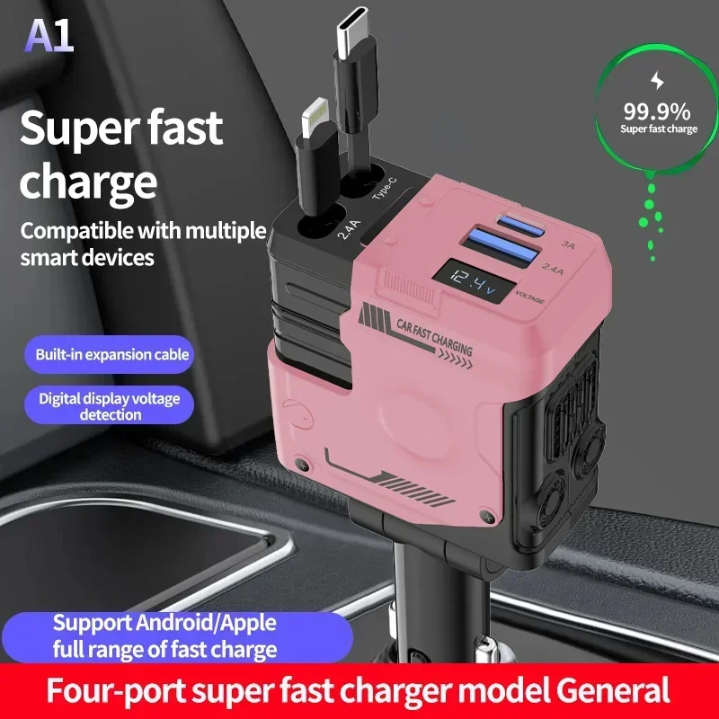 

120W Car Charger New 4 in 1 Retractable USB Type C Cigarette Lighter Fast Charging Adapter for iPhone Huawei Samsung Phones