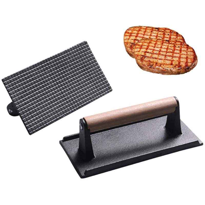 

YOMDID 1PC Rectangular Meat Press Plate Cast Iron Steak Pressing Plate Barbecue Meat Press Tool With Wooden Handle Kitchen Tools