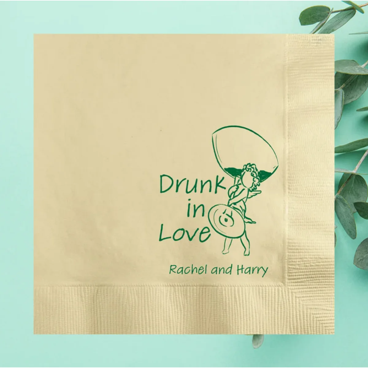 Drunk In Love Cherub Hand Drawn Cupid Icon Personalized Wedding Napkins, Custom Bridal Shower Cocktail Napkins, Engagement Party