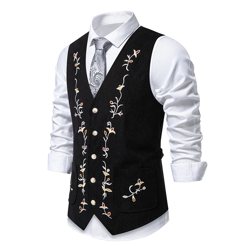 Men's Retro Embroidery Corduroy Vest Fashion V Neck Pockets Suit Vest Spring British Casual Vintage Gentleman Leisure Party